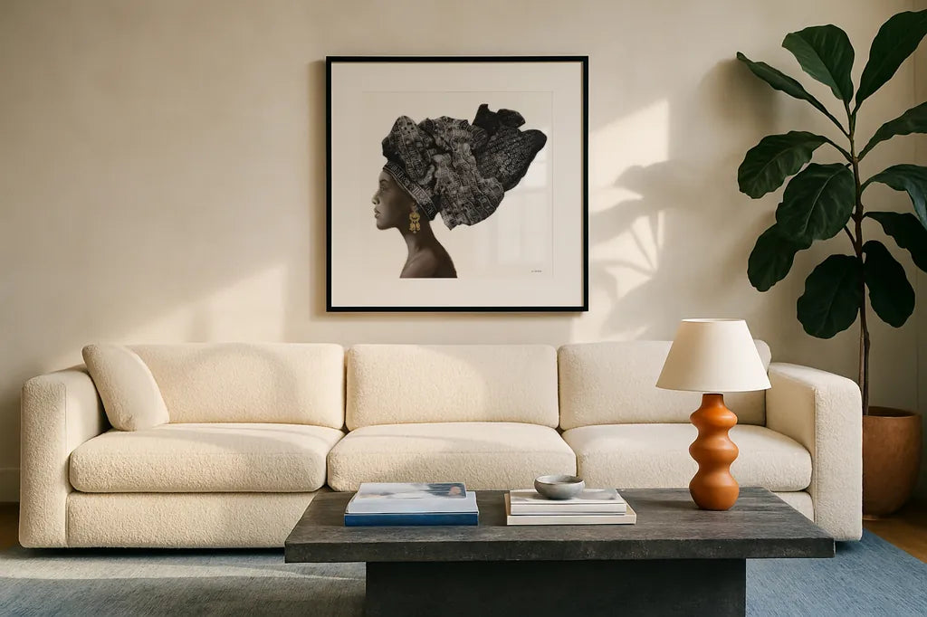 Pure Style Black by James Wiens. Displayed in a glass frame with matte in a clean modern living room. Available as an archival giclee rolled canvas, fine art paper, or poster print. SKU 49621a.