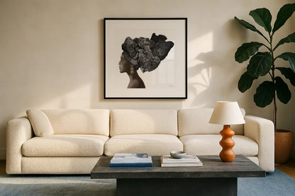 Pure Style Black by James Wiens. Displayed in a glass frame with matte in a clean modern living room. Available as an archival giclee rolled canvas, fine art paper, or poster print. SKU 49621a.