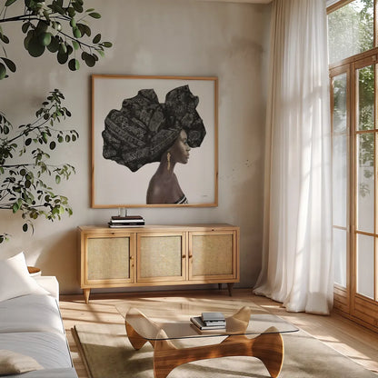 Pure Style II Black by James Wiens. Shown in a natural wood frame in a cozy modern living room. Available as an archival giclee rolled canvas, fine art paper, or poster print. SKU 49220a.