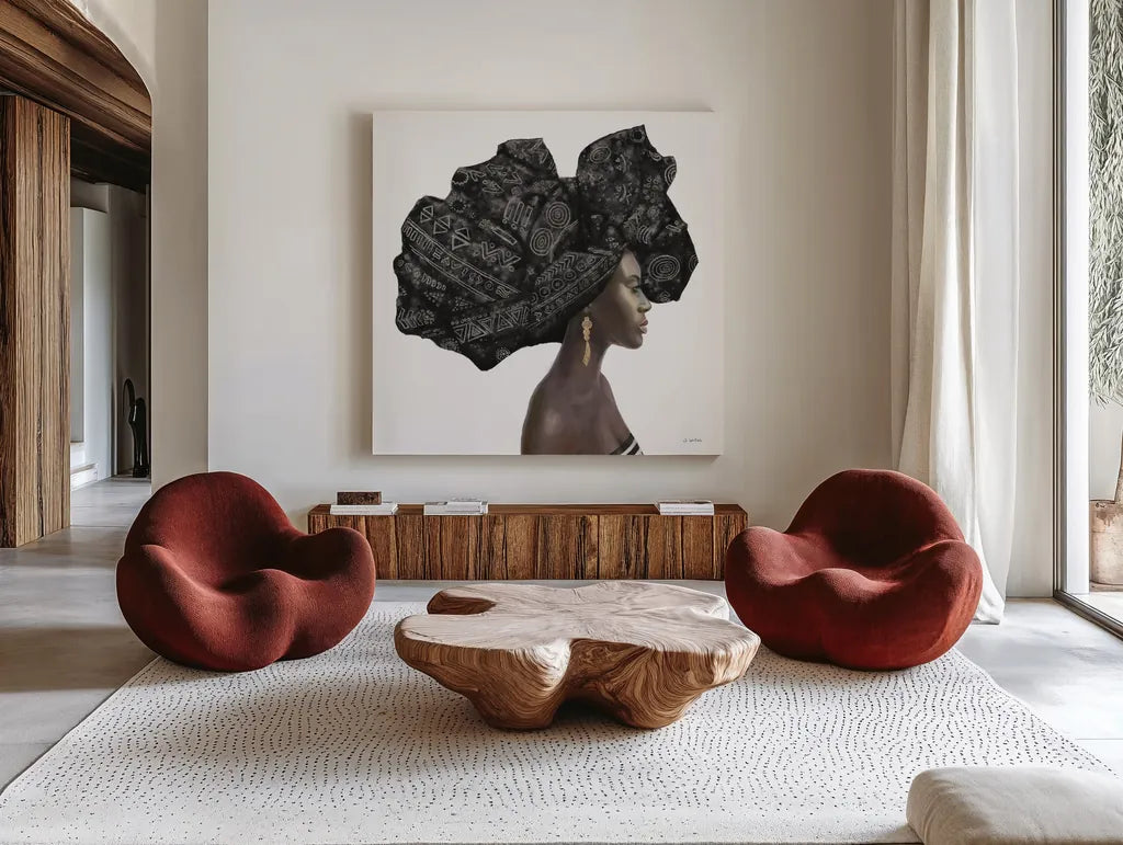 Pure Style II Black by James Wiens. Shown as extra-large giant wall art in a modern living room. Available as an archival giclee rolled canvas, fine art paper, or poster print. SKU 49220a.