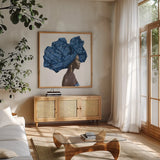 Pure Style II Blue by James Wiens. Shown in a natural wood frame in a cozy modern living room. Available as an archival giclee rolled canvas, fine art paper, or poster print. SKU 47530a.