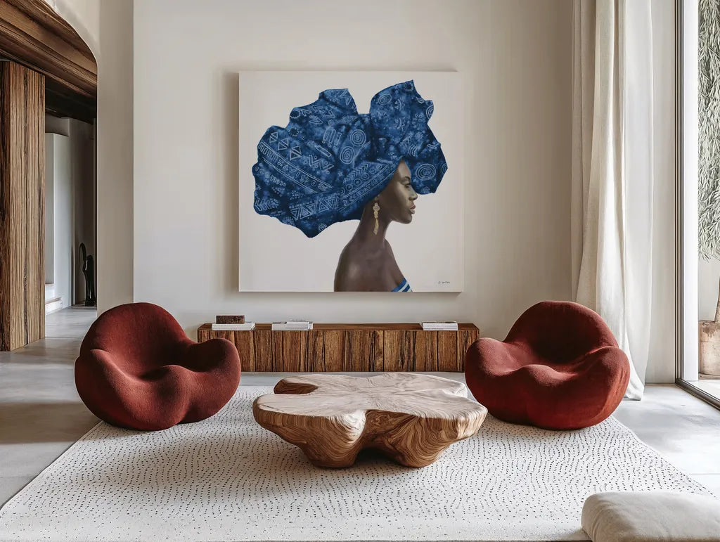 Pure Style II Blue by James Wiens. Shown as extra-large giant wall art in a modern living room. Available as an archival giclee rolled canvas, fine art paper, or poster print. SKU 47530a.