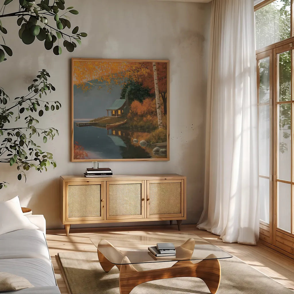 Quiet Evening II No Words by James Wiens. Shown in a natural wood frame in a cozy modern living room. Available as an archival giclee rolled canvas, fine art paper, or poster print. SKU 57708a.