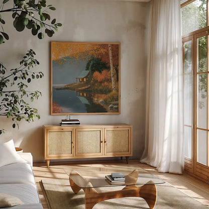 Quiet Evening II No Words by James Wiens. Shown in a natural wood frame in a cozy modern living room. Available as an archival giclee rolled canvas, fine art paper, or poster print. SKU 57708a.