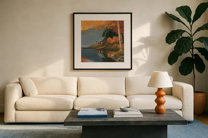 Quiet Evening II No Words by James Wiens. Displayed in a glass frame with matte in a clean modern living room. Available as an archival giclee rolled canvas, fine art paper, or poster print. SKU 57708a.