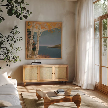 Quiet Evening III No Words by James Wiens. Shown in a natural wood frame in a cozy modern living room. Available as an archival giclee rolled canvas, fine art paper, or poster print. SKU 57709a.