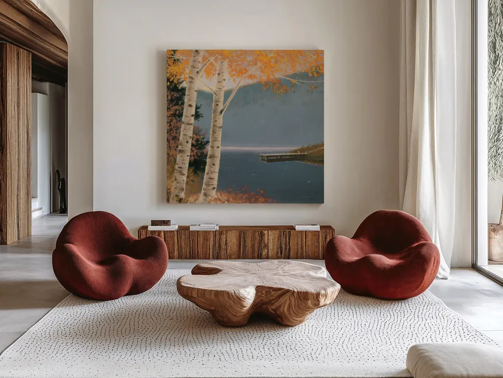 Quiet Evening III No Words by James Wiens. Shown as extra-large giant wall art in a modern living room. Available as an archival giclee rolled canvas, fine art paper, or poster print. SKU 57709a.
