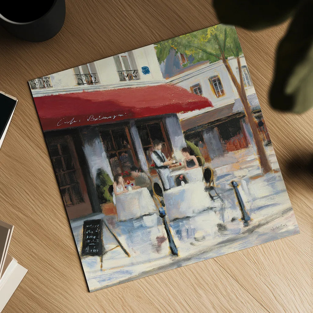 Relaxing at the Cafe I by James Wiens. Shown as a detailed flat fine art print, highlighting archival giclee quality. Available as an archival giclee rolled canvas, fine art paper, or poster print. SKU 12967a.