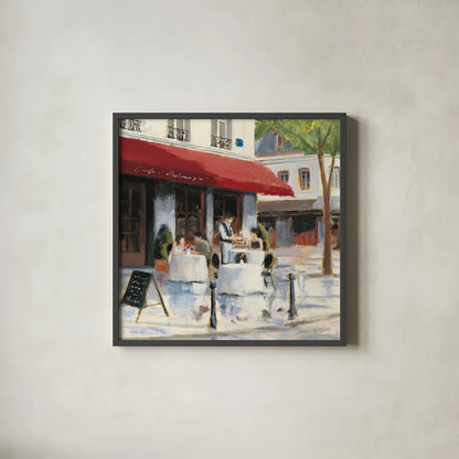 Relaxing at the Cafe I by James Wiens. Shown in a sleek black glass frame for a contemporary gallery look. Available as an archival giclee rolled canvas, fine art paper, or poster print. SKU 12967a.