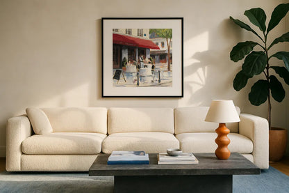 Relaxing at the Cafe I by James Wiens. Displayed in a glass frame with matte in a clean modern living room. Available as an archival giclee rolled canvas, fine art paper, or poster print. SKU 12967a.