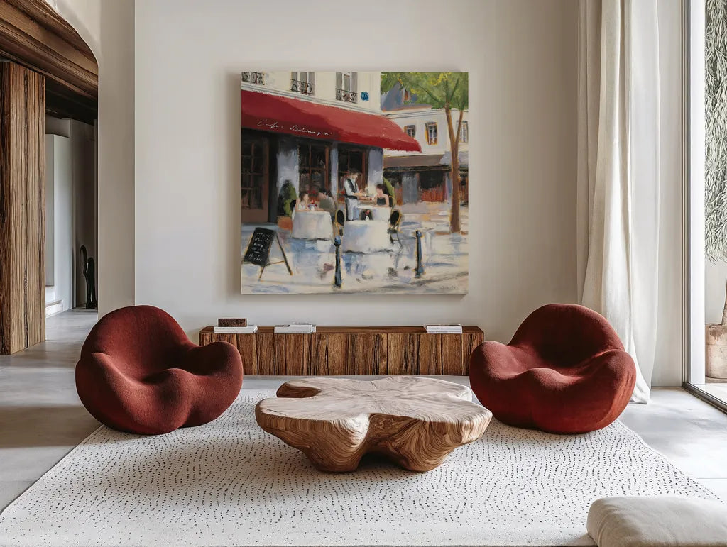 Relaxing at the Cafe I by James Wiens. Shown as extra-large giant wall art in a modern living room. Available as an archival giclee rolled canvas, fine art paper, or poster print. SKU 12967a.