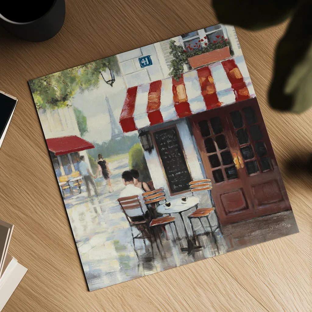 Relaxing at the Cafe II by James Wiens. Shown as a detailed flat fine art print, highlighting archival giclee quality. Available as an archival giclee rolled canvas, fine art paper, or poster print. SKU 12968a.