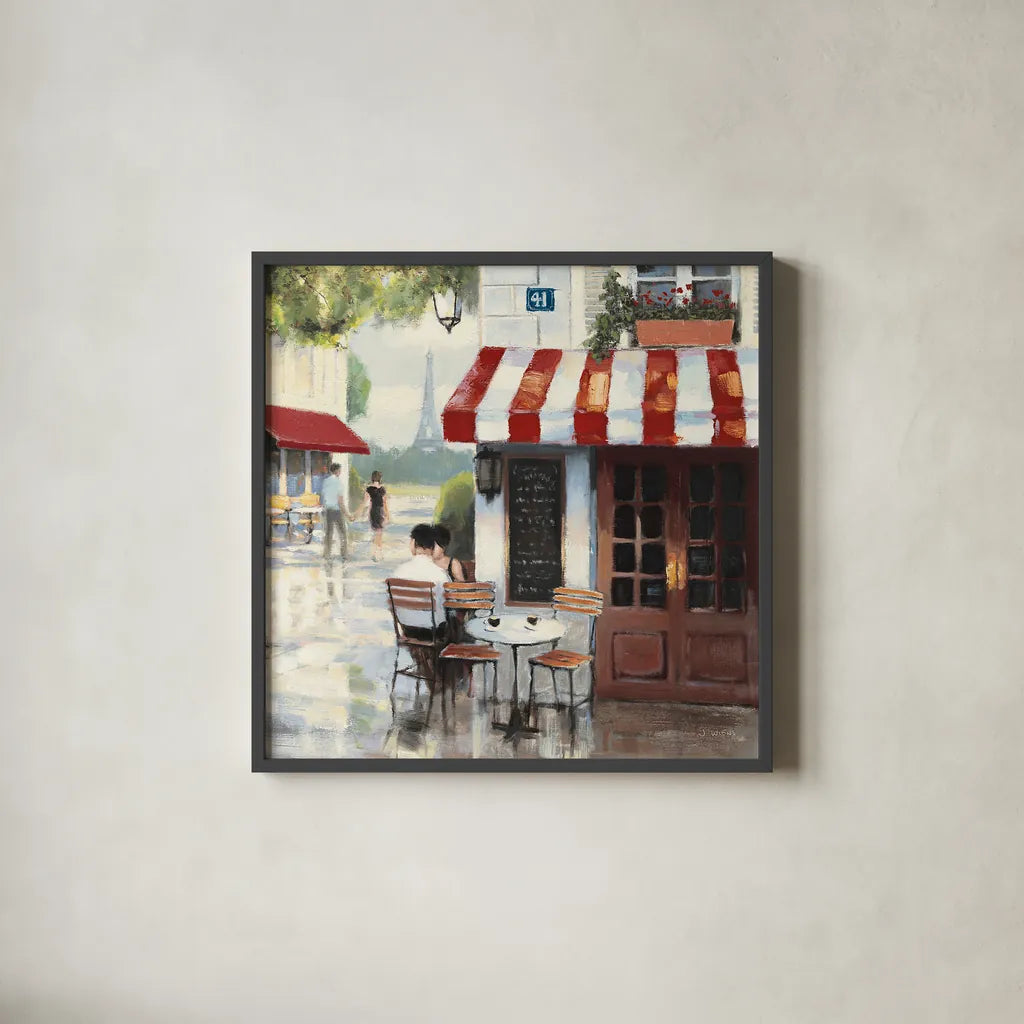 Relaxing at the Cafe II by James Wiens. Shown in a sleek black glass frame for a contemporary gallery look. Available as an archival giclee rolled canvas, fine art paper, or poster print. SKU 12968a.
