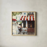Relaxing at the Cafe II by James Wiens. Shown in a natural wood glass frame for a timeless modern aesthetic. Available as an archival giclee rolled canvas, fine art paper, or poster print. SKU 12968a.