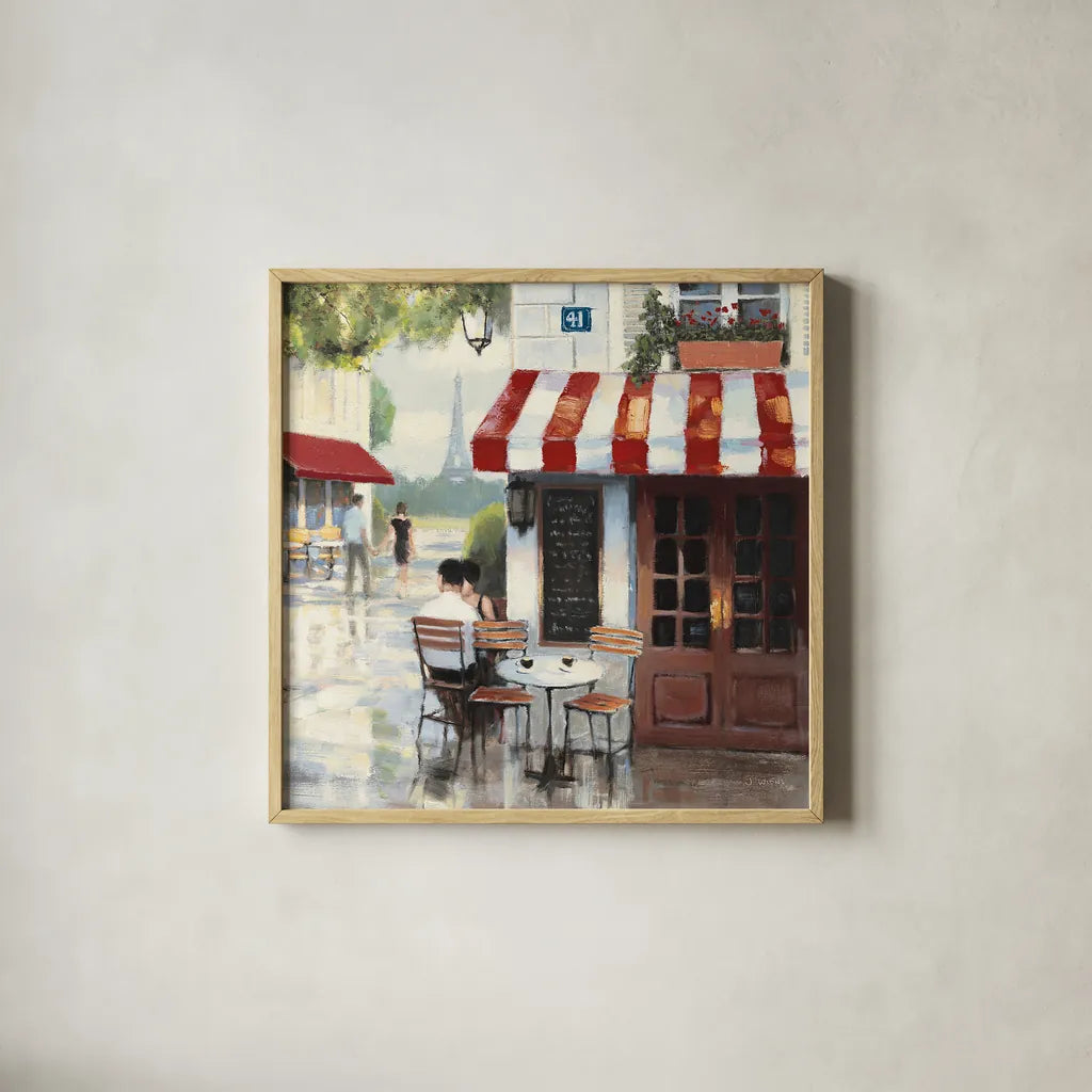 Relaxing at the Cafe II by James Wiens. Shown in a natural wood glass frame for a timeless modern aesthetic. Available as an archival giclee rolled canvas, fine art paper, or poster print. SKU 12968a.