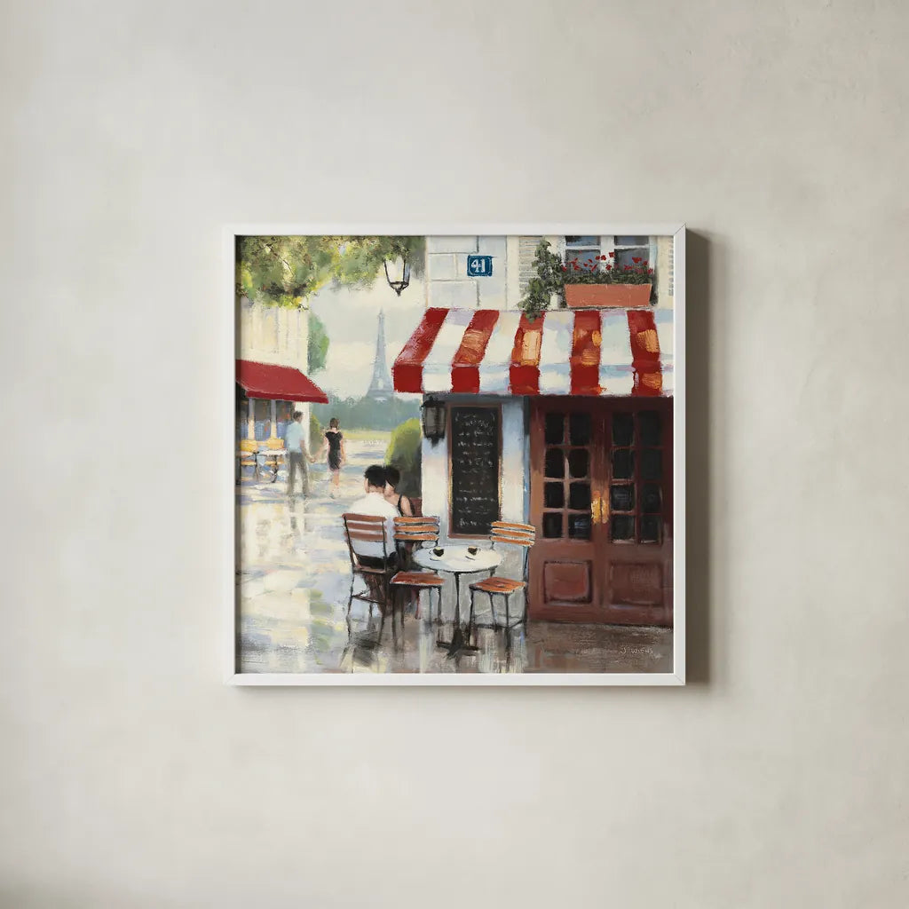 Relaxing at the Cafe II by James Wiens. Shown in a crisp white glass frame for a clean and minimalist style. Available as an archival giclee rolled canvas, fine art paper, or poster print. SKU 12968a.