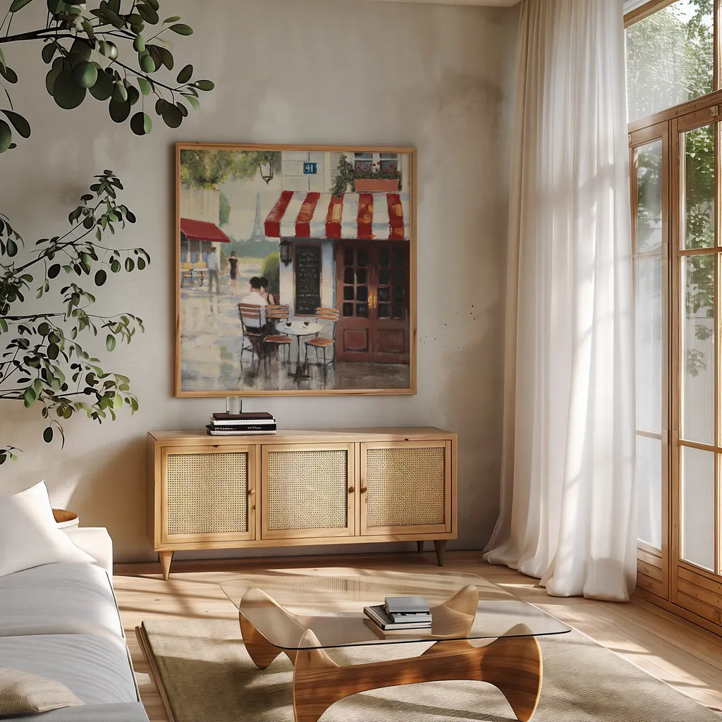 Relaxing at the Cafe II by James Wiens. Shown in a natural wood frame in a cozy modern living room. Available as an archival giclee rolled canvas, fine art paper, or poster print. SKU 12968a.