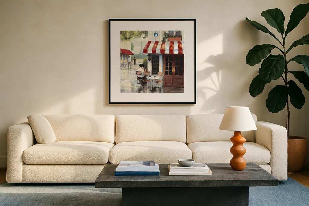 Relaxing at the Cafe II by James Wiens. Displayed in a glass frame with matte in a clean modern living room. Available as an archival giclee rolled canvas, fine art paper, or poster print. SKU 12968a.