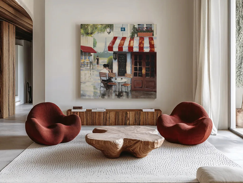 Relaxing at the Cafe II by James Wiens. Shown as extra-large giant wall art in a modern living room. Available as an archival giclee rolled canvas, fine art paper, or poster print. SKU 12968a.