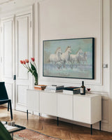 Running Wild Crop I by James Wiens. shown as a framed stretched canvas in a living room above a console. Available as a archival giclee rolled canvas, fine art paper, or poster print. SKU 41449i.