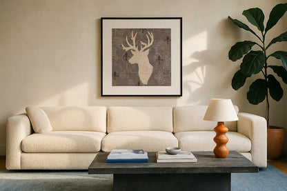 Rustic Elegance II with Red by James Wiens. Displayed in a glass frame with matte in a clean modern living room. Available as an archival giclee rolled canvas, fine art paper, or poster print. SKU 33329a.