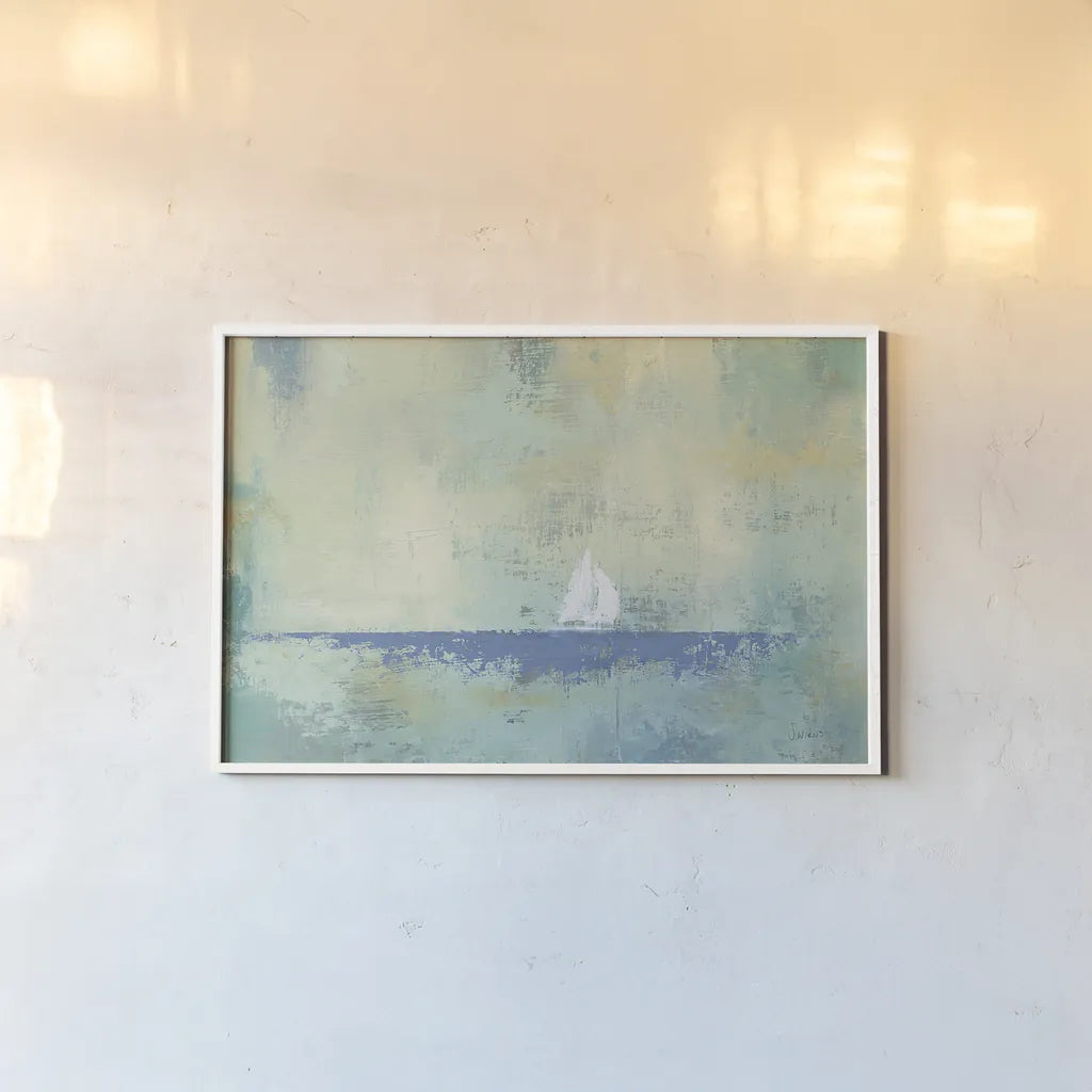 Sailboat Dream by James Wiens. shown as a paper print in a white frame. Available as a archival giclee rolled canvas, fine art paper, or poster print. SKU 20360i.