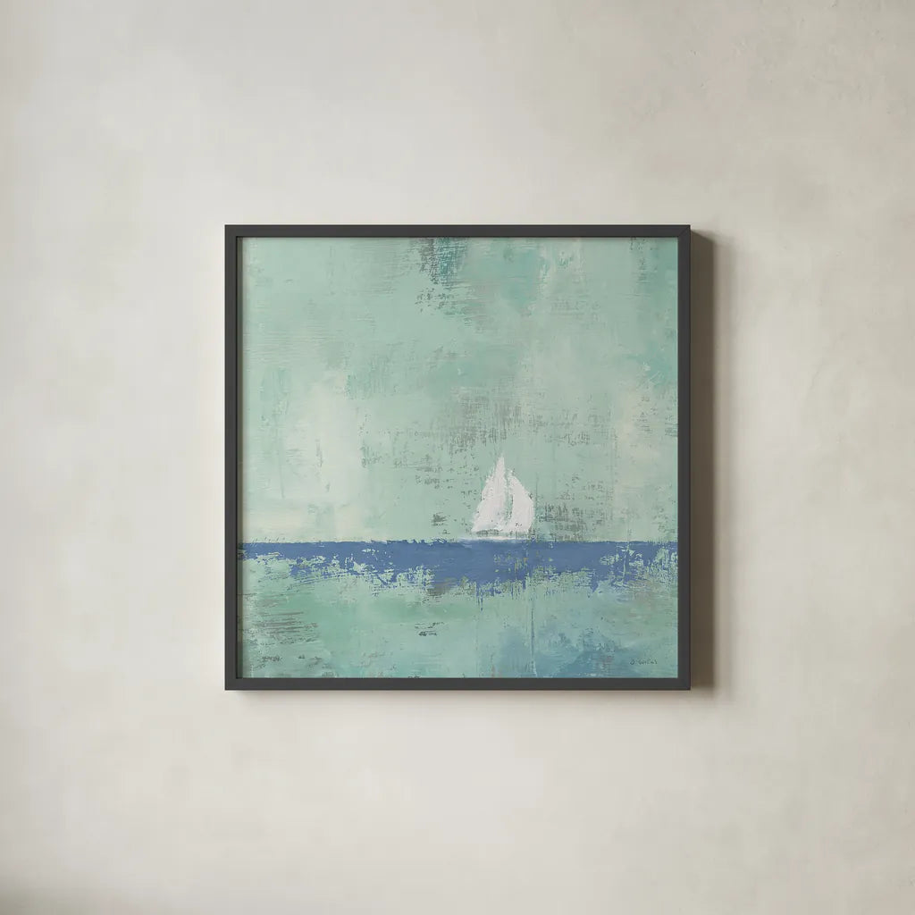 Sailboat Dream Square by James Wiens. Shown in a sleek black glass frame for a contemporary gallery look. Available as an archival giclee rolled canvas, fine art paper, or poster print. SKU 20360a.