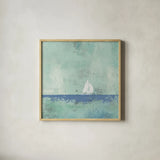Sailboat Dream Square by James Wiens. Shown in a natural wood glass frame for a timeless modern aesthetic. Available as an archival giclee rolled canvas, fine art paper, or poster print. SKU 20360a.