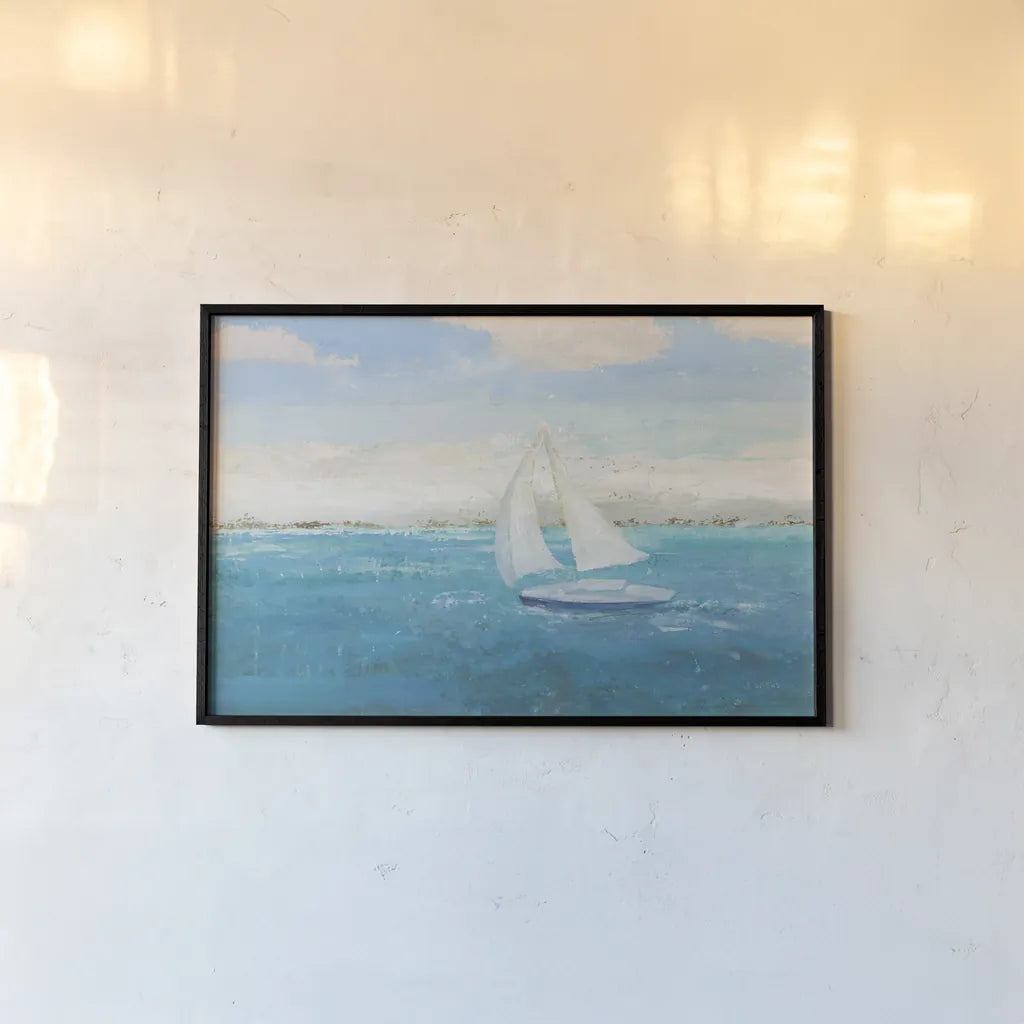 Sailing Into the Blue by James Wiens. shown as a paper print in a black flame. Available as a archival giclee rolled canvas, fine art paper, or poster print. SKU 76006i.