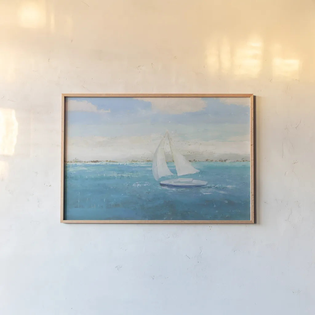 Sailing Into the Blue by James Wiens. shown as a paper print in a natural frame. Available as a archival giclee rolled canvas, fine art paper, or poster print. SKU 76006i.
