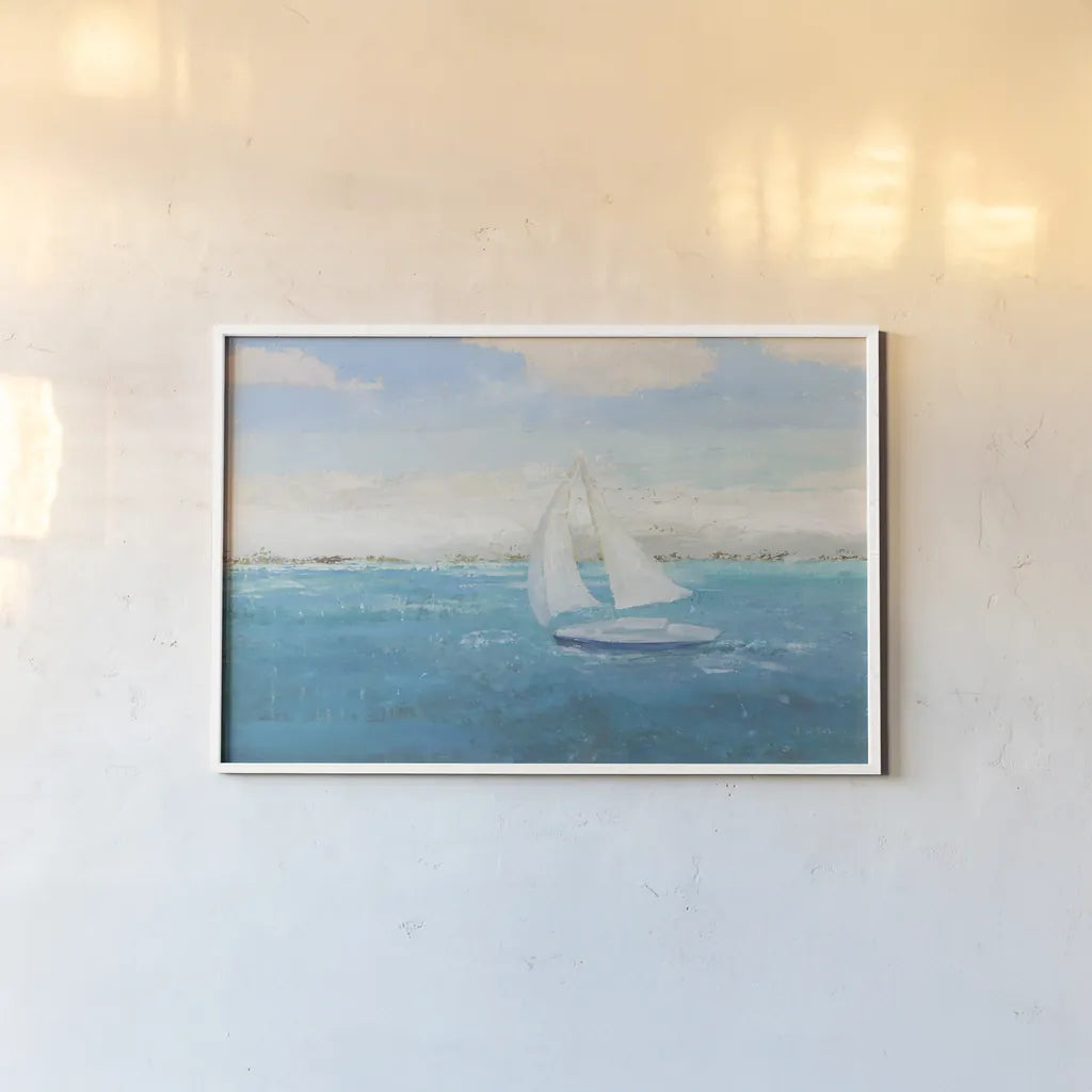 Sailing Into the Blue by James Wiens. shown as a paper print in a white frame. Available as a archival giclee rolled canvas, fine art paper, or poster print. SKU 76006i.