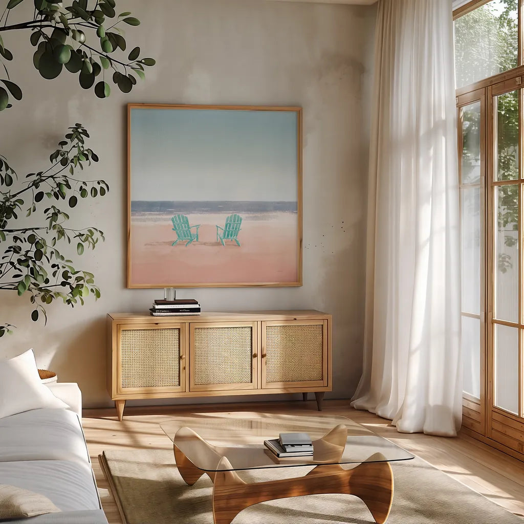 Salento Coast II Coral Cove by James Wiens. Shown in a natural wood frame in a cozy modern living room. Available as an archival giclee rolled canvas, fine art paper, or poster print. SKU 55922a.