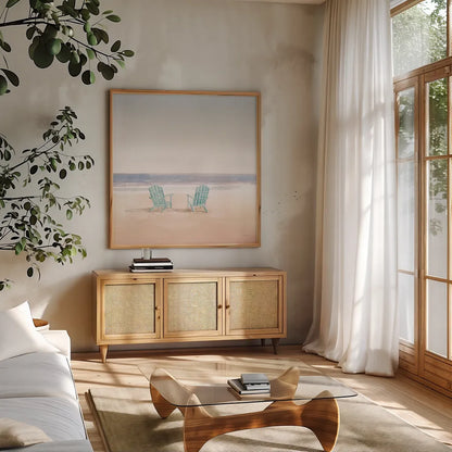 Salento Coast II Crop by James Wiens. Shown in a natural wood frame in a cozy modern living room. Available as an archival giclee rolled canvas, fine art paper, or poster print. SKU 47805a.