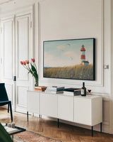 Seaside View I by James Wiens. shown as a framed stretched canvas in a living room above a console. Available as a archival giclee rolled canvas, fine art paper, or poster print. SKU 17222i.