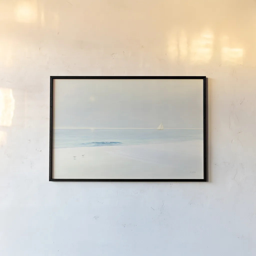 Serene Beach by James Wiens. shown as a paper print in a black flame. Available as a archival giclee rolled canvas, fine art paper, or poster print. SKU 19218i.