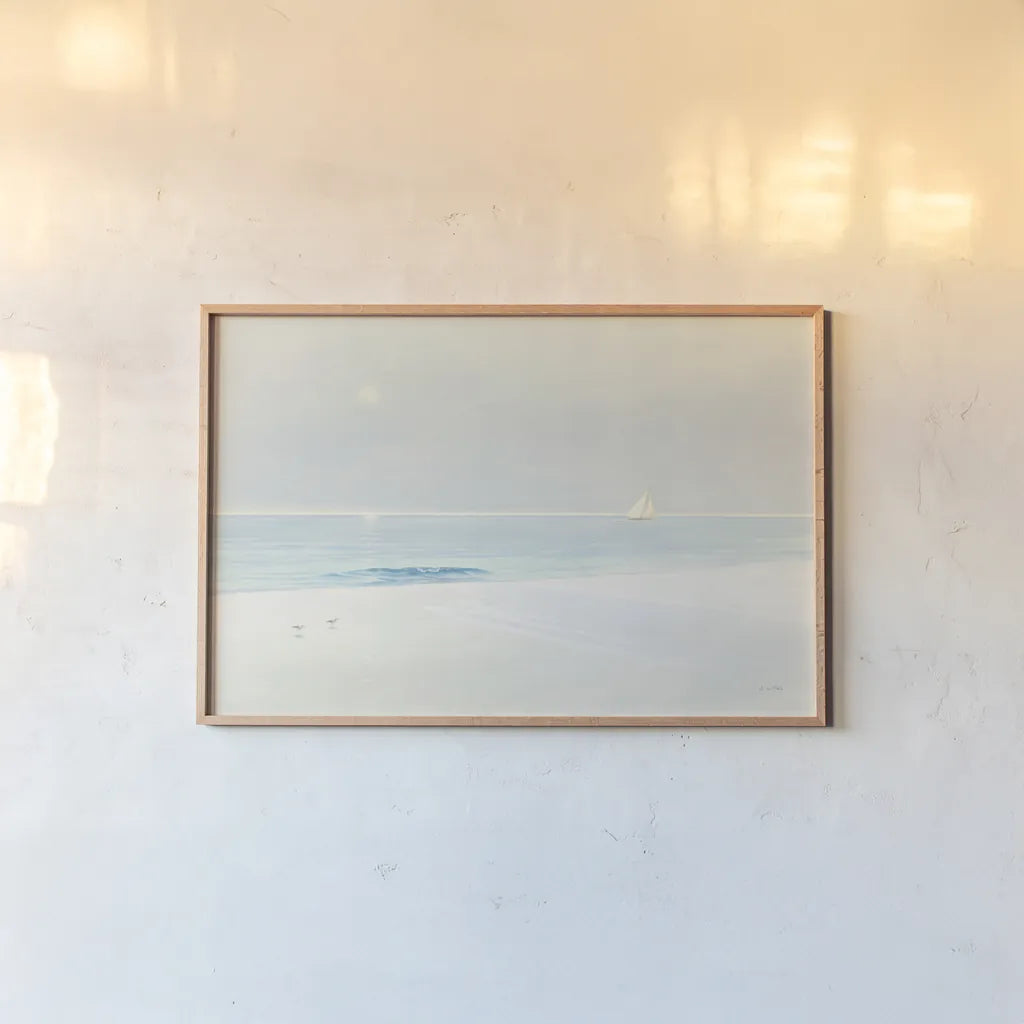 Serene Beach by James Wiens. shown as a paper print in a natural frame. Available as a archival giclee rolled canvas, fine art paper, or poster print. SKU 19218i.
