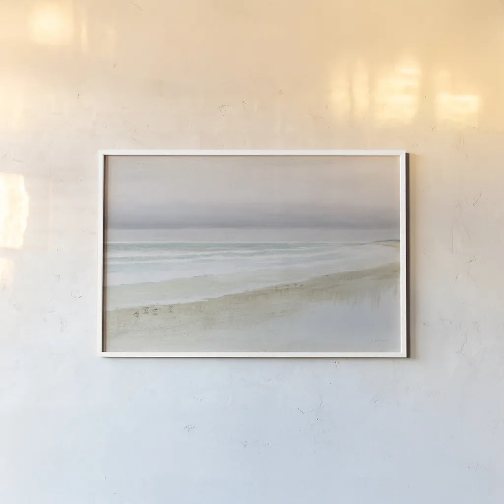 Serene Seaside by James Wiens. shown as a paper print in a white frame. Available as a archival giclee rolled canvas, fine art paper, or poster print. SKU 31572i.
