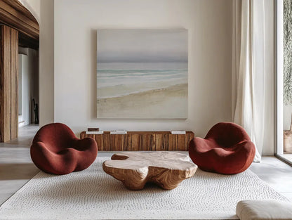 Serene Seaside Crop by James Wiens. Shown as extra-large giant wall art in a modern living room. Available as an archival giclee rolled canvas, fine art paper, or poster print. SKU 31572a.