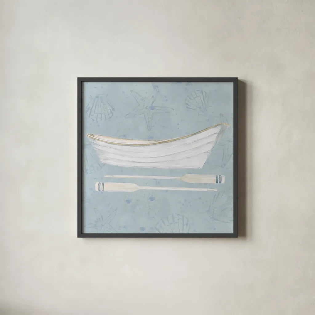 Serene Seaside I by James Wiens. Shown in a sleek black glass frame for a contemporary gallery look. Available as an archival giclee rolled canvas, fine art paper, or poster print. SKU 31830a.
