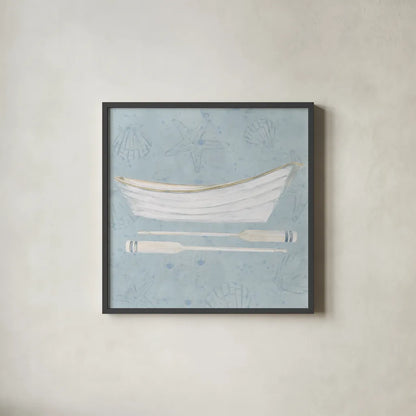 Serene Seaside I by James Wiens. Shown in a sleek black glass frame for a contemporary gallery look. Available as an archival giclee rolled canvas, fine art paper, or poster print. SKU 31830a.
