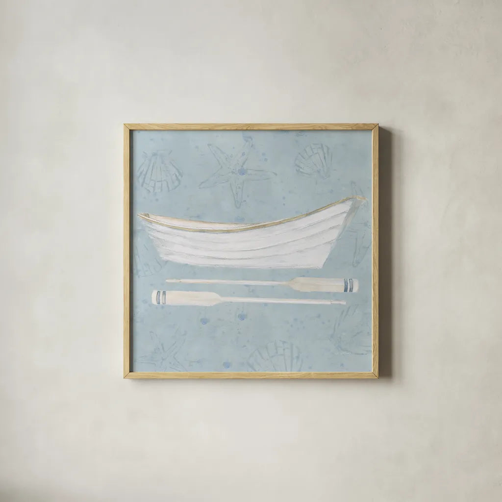 Serene Seaside I by James Wiens. Shown in a natural wood glass frame for a timeless modern aesthetic. Available as an archival giclee rolled canvas, fine art paper, or poster print. SKU 31830a.