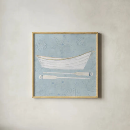 Serene Seaside I by James Wiens. Shown in a natural wood glass frame for a timeless modern aesthetic. Available as an archival giclee rolled canvas, fine art paper, or poster print. SKU 31830a.