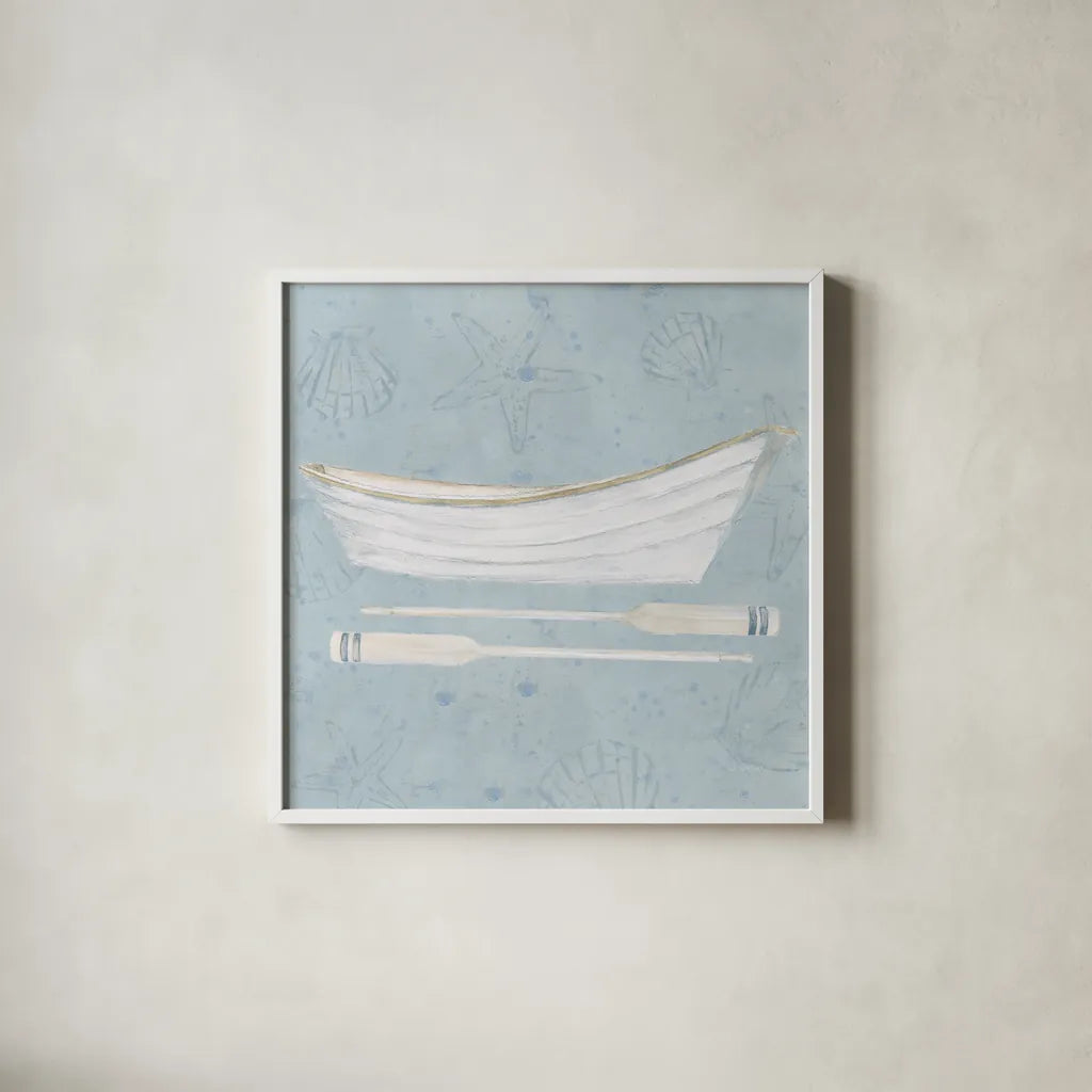 Serene Seaside I by James Wiens. Shown in a crisp white glass frame for a clean and minimalist style. Available as an archival giclee rolled canvas, fine art paper, or poster print. SKU 31830a.