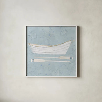 Serene Seaside I by James Wiens. Shown in a crisp white glass frame for a clean and minimalist style. Available as an archival giclee rolled canvas, fine art paper, or poster print. SKU 31830a.