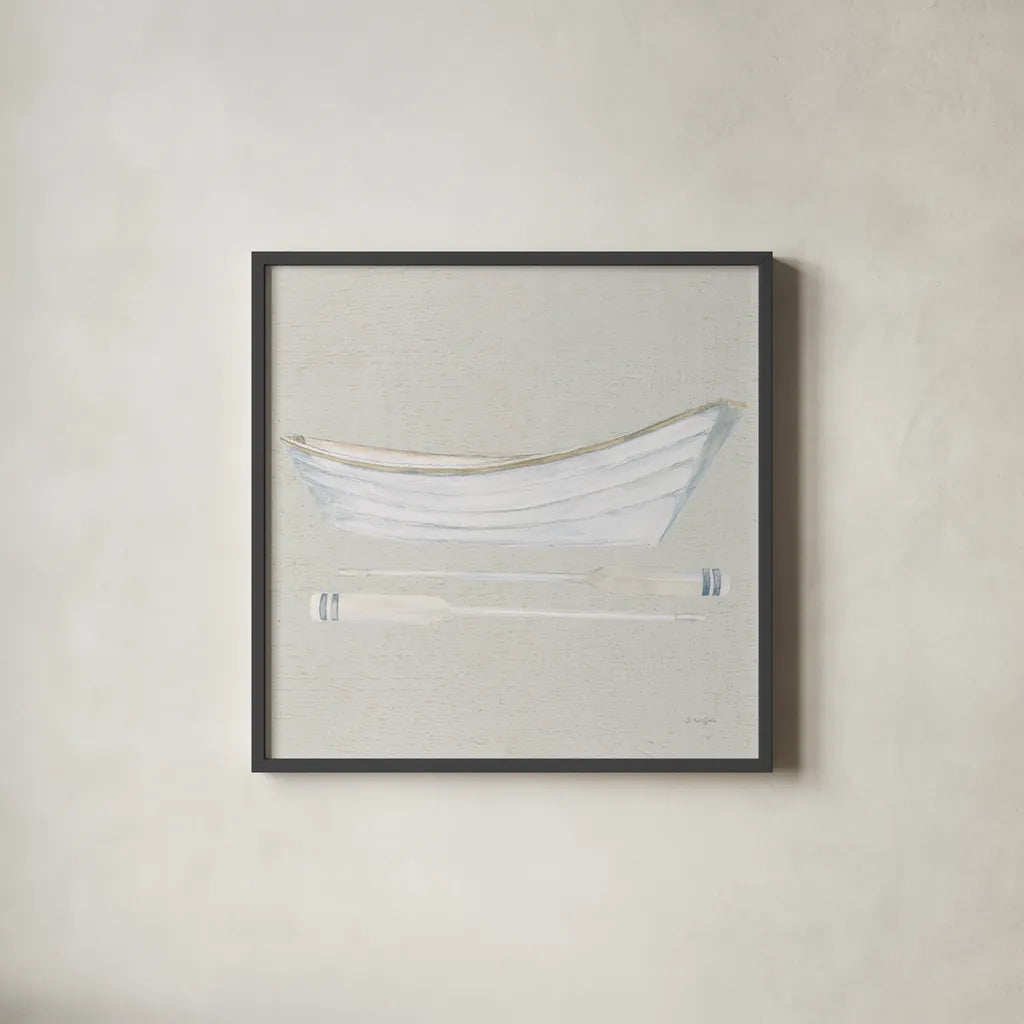 Serene Seaside I Tan by James Wiens. Shown in a sleek black glass frame for a contemporary gallery look. Available as an archival giclee rolled canvas, fine art paper, or poster print. SKU 31833a.