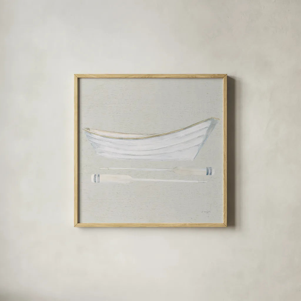 Serene Seaside I Tan by James Wiens. Shown in a natural wood glass frame for a timeless modern aesthetic. Available as an archival giclee rolled canvas, fine art paper, or poster print. SKU 31833a.