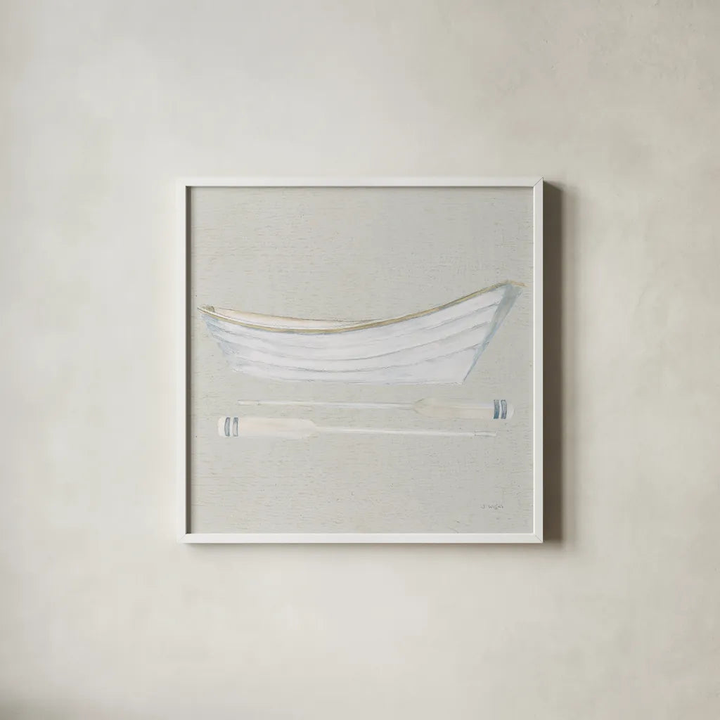 Serene Seaside I Tan by James Wiens. Shown in a crisp white glass frame for a clean and minimalist style. Available as an archival giclee rolled canvas, fine art paper, or poster print. SKU 31833a.