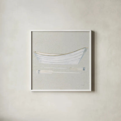 Serene Seaside I Tan by James Wiens. Shown in a crisp white glass frame for a clean and minimalist style. Available as an archival giclee rolled canvas, fine art paper, or poster print. SKU 31833a.
