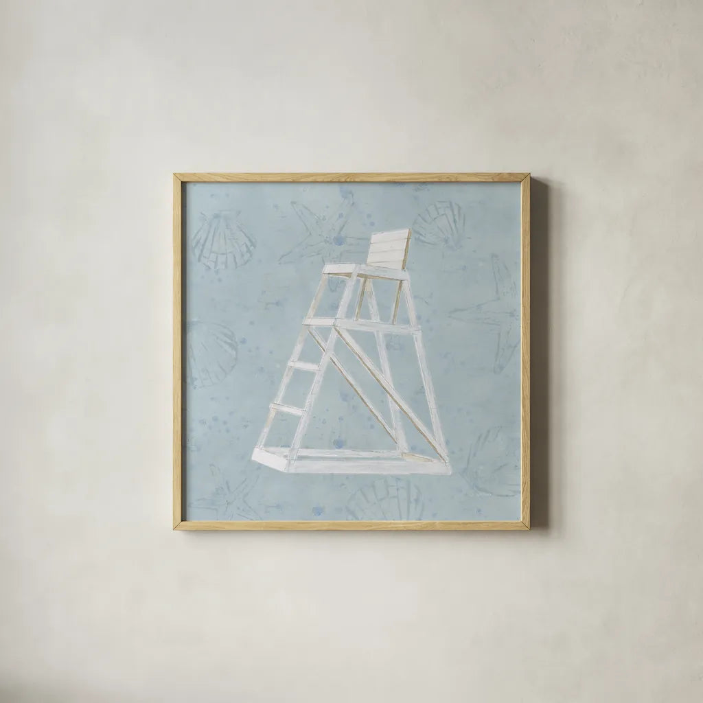 Serene Seaside II by James Wiens. Shown in a natural wood glass frame for a timeless modern aesthetic. Available as an archival giclee rolled canvas, fine art paper, or poster print. SKU 31831a.