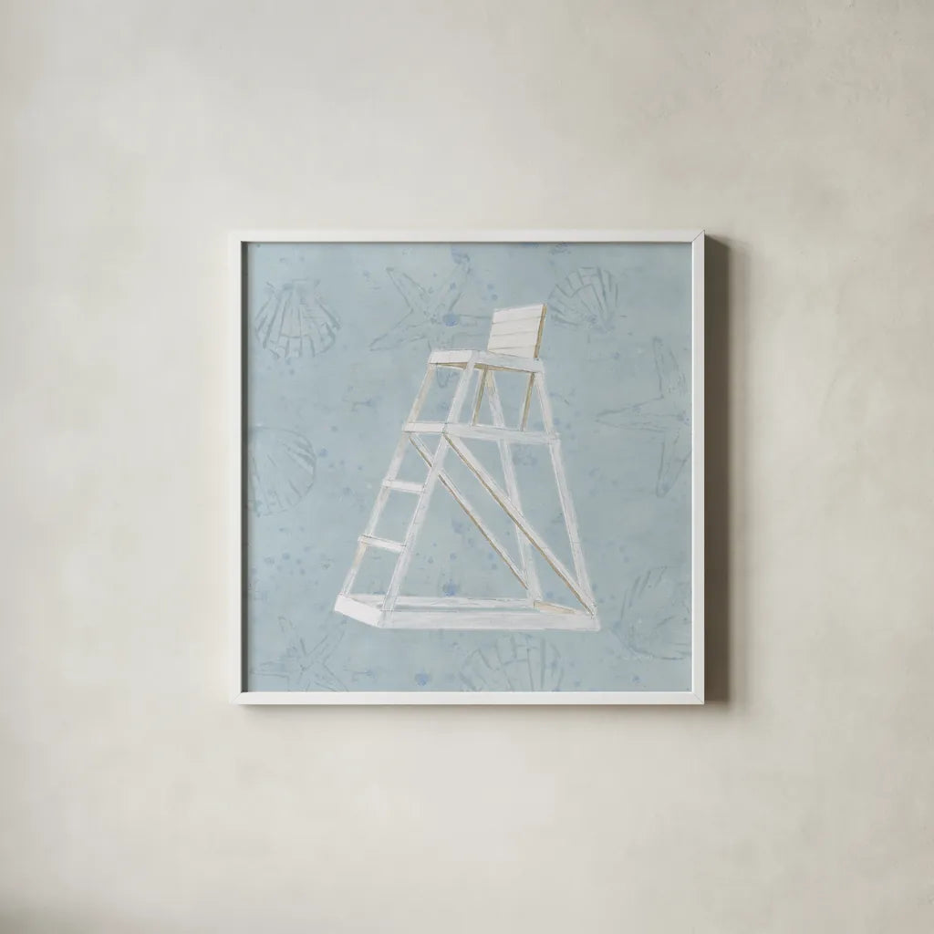Serene Seaside II by James Wiens. Shown in a crisp white glass frame for a clean and minimalist style. Available as an archival giclee rolled canvas, fine art paper, or poster print. SKU 31831a.